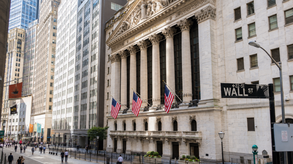 NYSE stock market represented by the New York Stock Exchange building and listed companies.