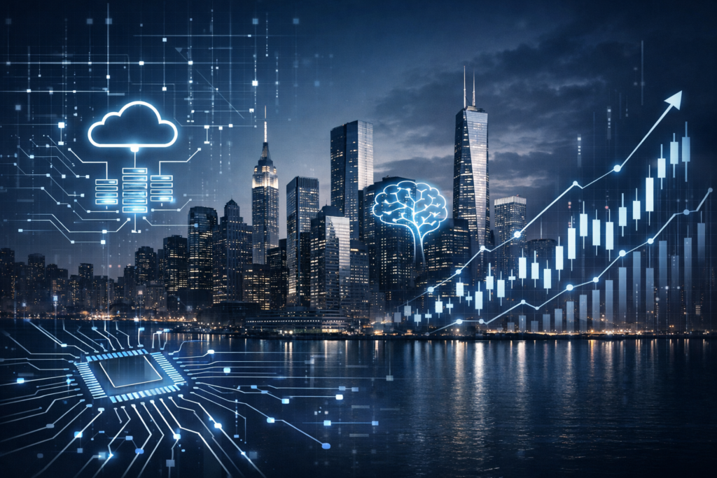 Technology Sector Stocks Outlook: Where U.S. Investors See Long-Term Growth Opportunities illustrated with digital networks, AI infrastructure, and stock market charts.