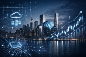 Technology Sector Stocks Outlook: Where U.S. Investors See Long-Term Growth Opportunities illustrated with digital networks, AI infrastructure, and stock market charts.
