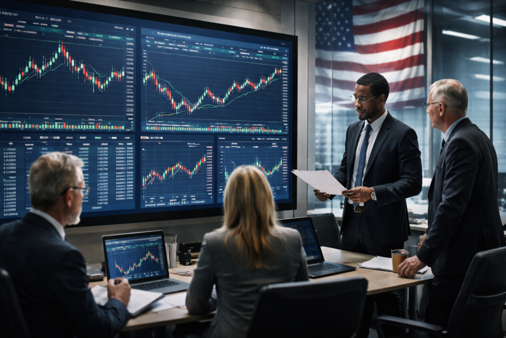 Professional financial newsroom scene with analysts reviewing US stock market data on large digital screens displaying candlestick charts and economic indicators, with a subtle American flag in the background.