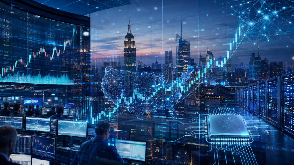 Stock Market Trends USA in 2026 showing AI, technology growth, and rising U.S. stock market activity.