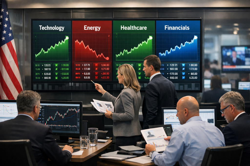 Financial analysts reviewing U.S. stock market sector performance on digital dashboards in a modern newsroom environment