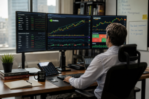 Best tech stocks 2026 displayed on professional trading screens with AI and semiconductor market analysis.