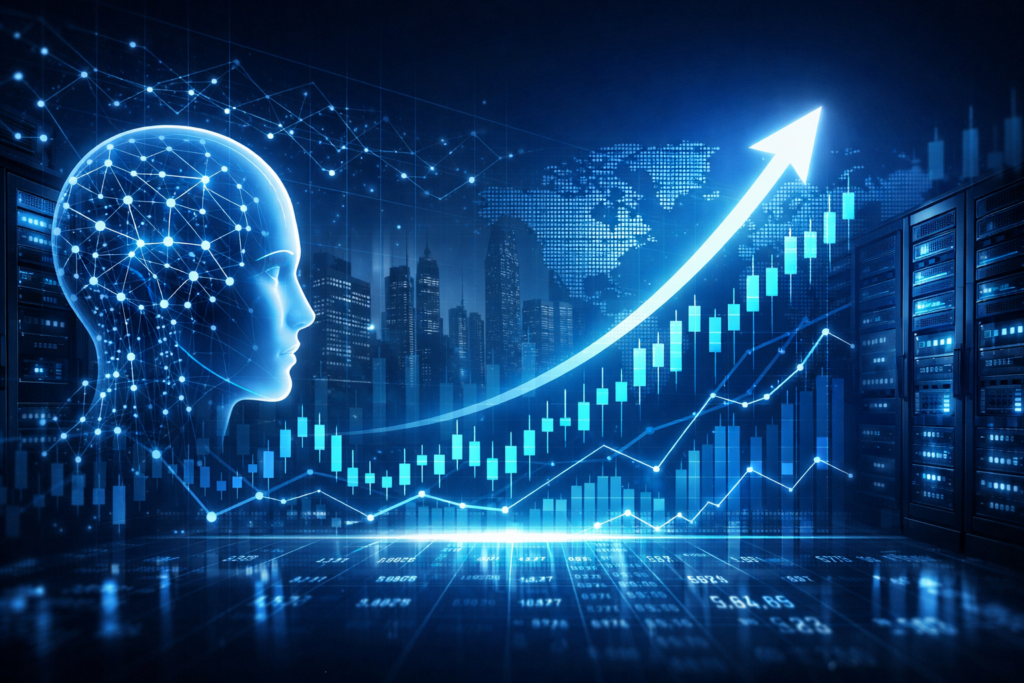 Top AI tech stocks investors are watching with stock market growth charts and artificial intelligence visualization