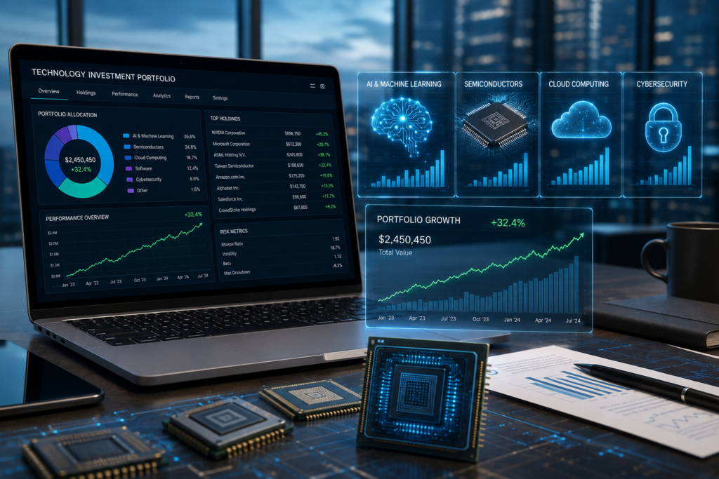 Diversified portfolio featuring the best tech stocks 2026 across AI, cloud computing, and semiconductor sectors.