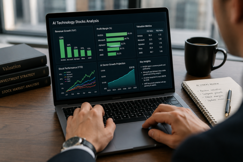 Financial analyst evaluating the best tech stocks 2026 using growth and valuation metrics.