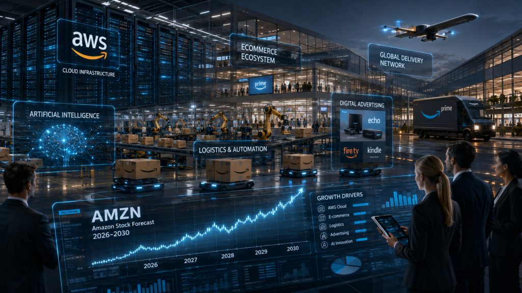 Amazon Stock Forecast 2026-2030 growth drivers including AWS, AI, e-commerce and advertising.