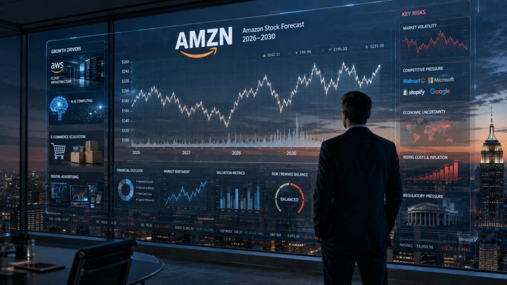 Amazon Stock Forecast 2026-2030 showing AMZN investment risks, volatility and long-term growth outlook.