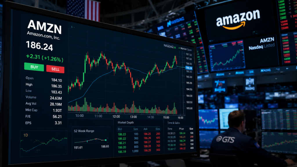 Amazon stock AMZN price movement displayed on a digital Nasdaq trading chart.