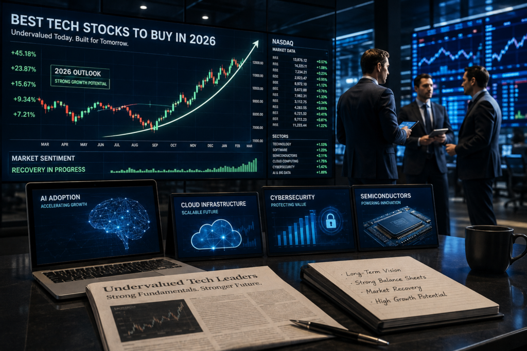 Best Tech Stocks to Buy in 2026 showing undervalued technology stocks, market charts, AI, semiconductor and cloud computing growth opportunities.
