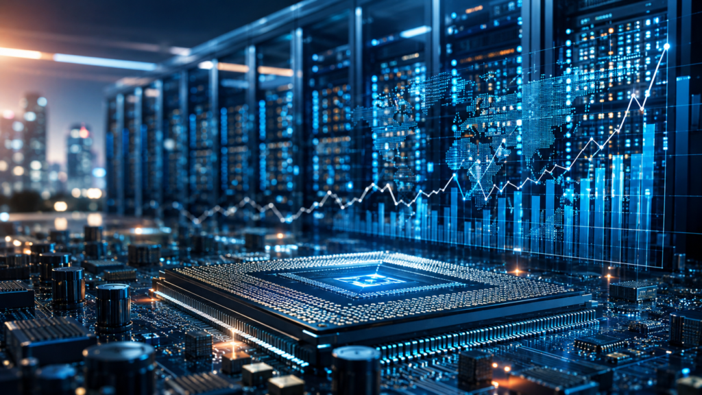 Best tech stocks for long-term investment represented by AI chips, semiconductor technology, data centers, and market growth.
