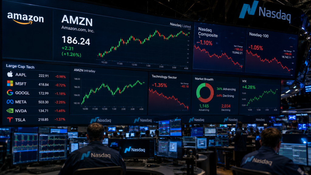 Amazon stock AMZN trading within the broader Nasdaq technology market context.