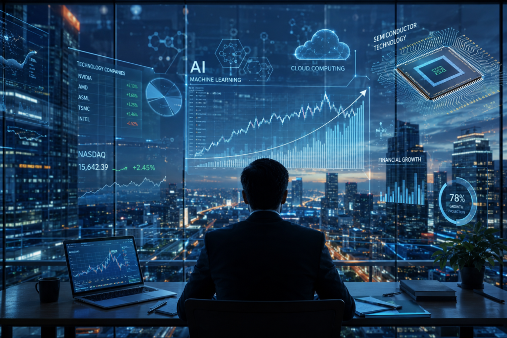 Investor researching the best tech stocks 2026 including AI, cloud computing, and semiconductor companies.