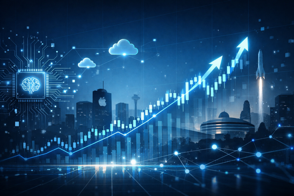 high growth tech stocks long term investing strategy chart with upward trend
