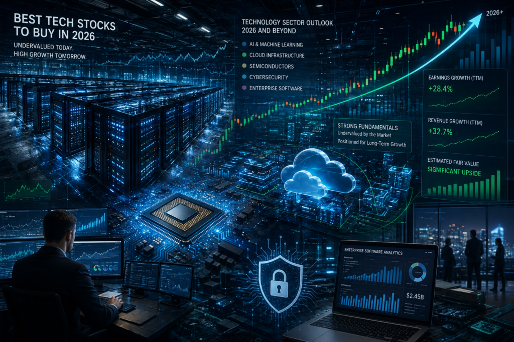 Best Tech Stocks to Buy in 2026 featuring AI, semiconductors, cloud computing, cybersecurity and software as high-growth technology investment sectors.