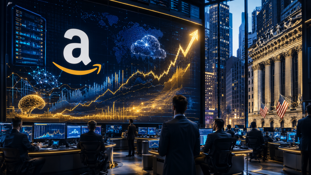 Amazon Nasdaq stocks for 2026 displayed on futuristic financial market dashboards with AI and cloud computing visuals.