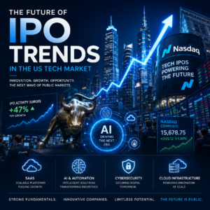 “Professional financial illustration showing IPO Trends in the US technology market with AI, SaaS, digital infrastructure, and stock market growth visuals”