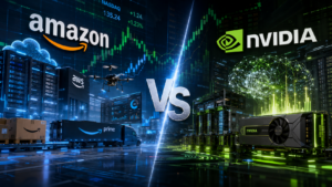Amazon stock vs Nvidia stock comparison featured image showing AI technology, cloud computing, semiconductors, and US stock market growth trends for 2026 investors.