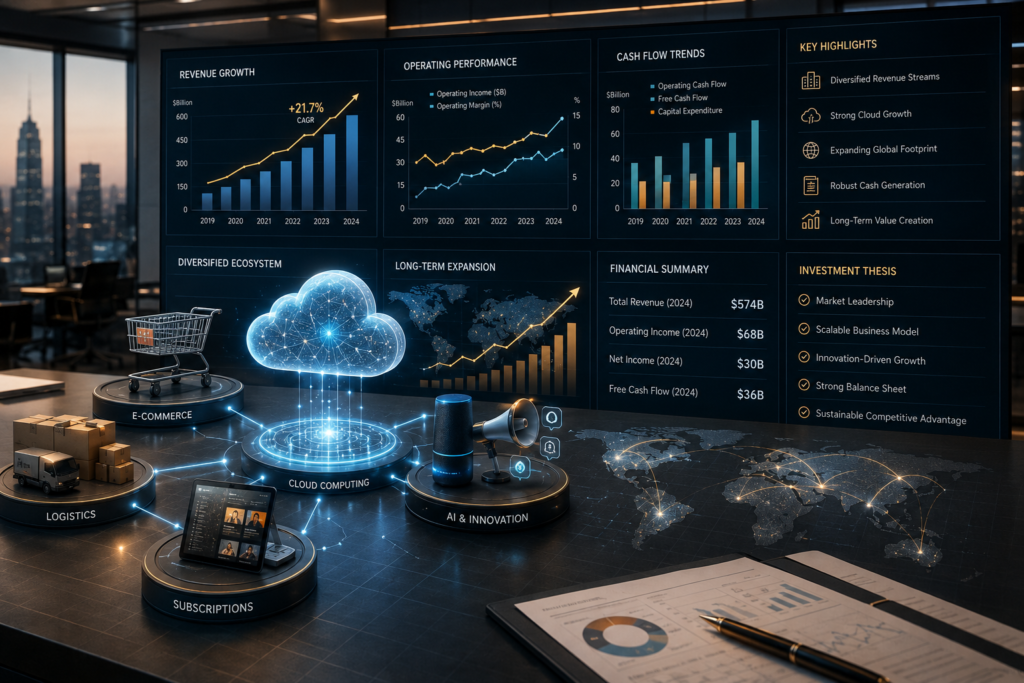 Amazon Stock Analysis showing e-commerce, cloud, advertising and long-term business growth