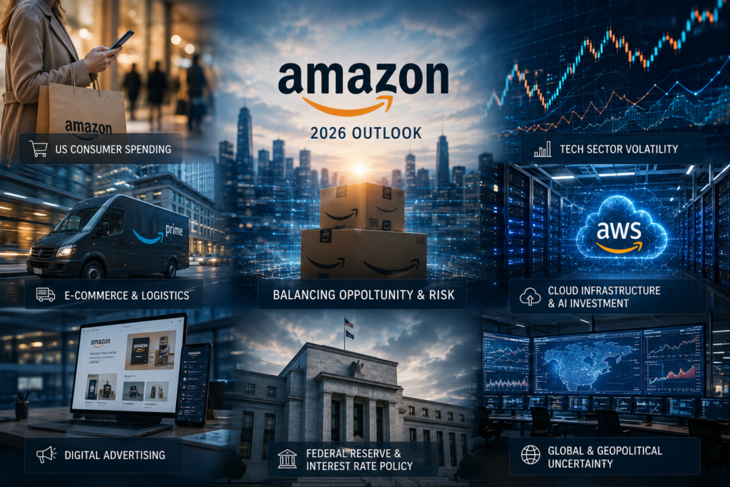 Amazon stock performance in Nasdaq 2026 outlook showing market drivers, consumer spending and investment risks