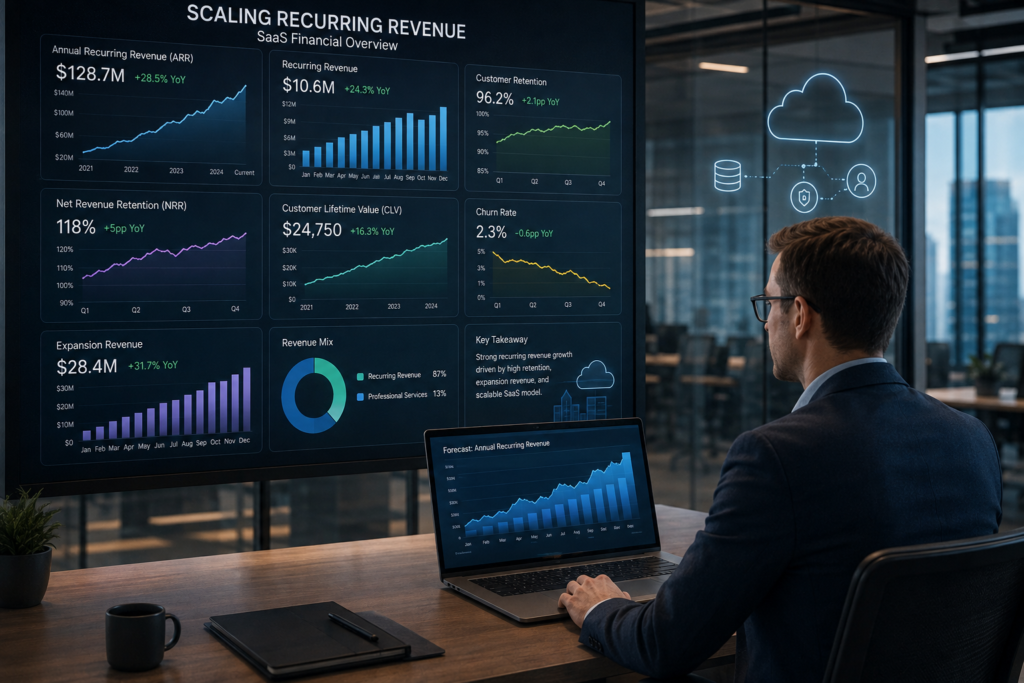 SaaS recurring revenue analytics showing ARR, retention and scalable technology company growth