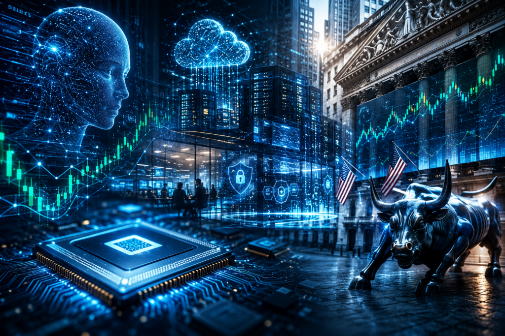 Best tech stocks to watch in 2026 featuring AI, semiconductor, cloud computing, and US stock market technology trends.
