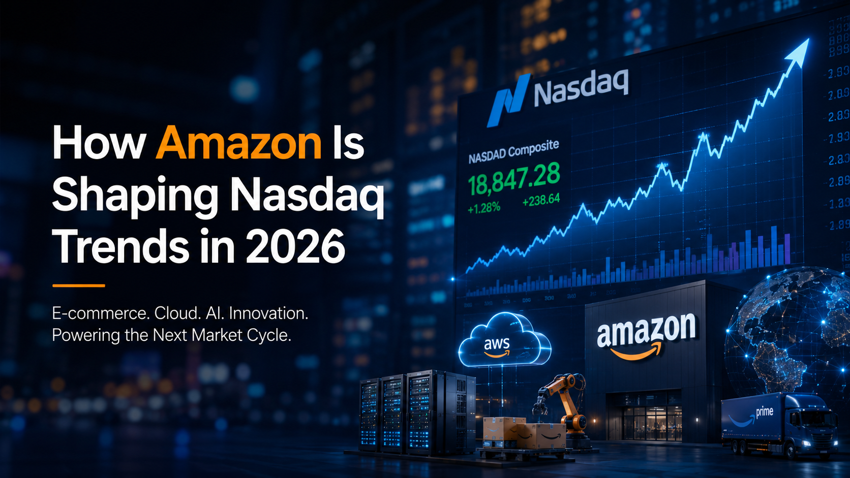 Amazon headquarters shown alongside AWS, e-commerce and Nasdaq Composite market data representing the company's technology footprint