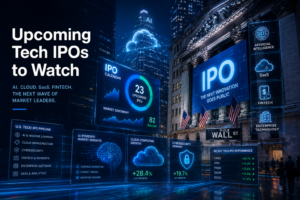 Upcoming tech IPOs illustration featuring AI, SaaS, fintech, and cybersecurity companies in the US stock market