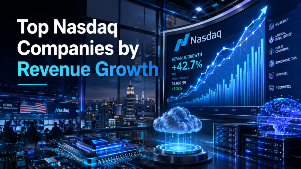 Top Nasdaq companies by revenue growth with AI, cloud computing, and tech stock market performance visualization