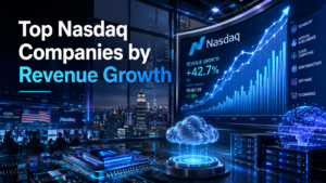 Top Nasdaq companies by revenue growth with AI, cloud computing, and tech stock market performance visualization