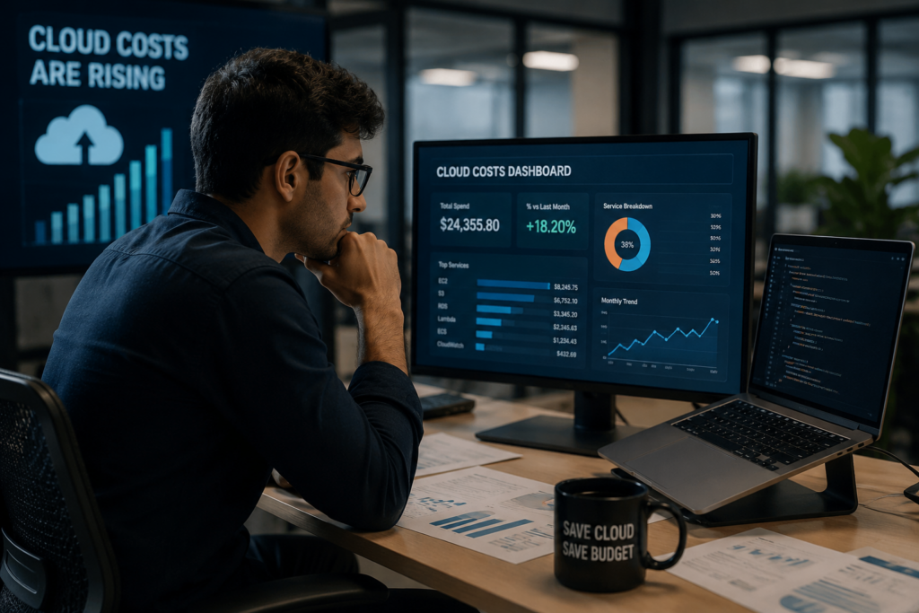 Cloud costs for AI startups visualized on a dashboard showing rising GPU, storage, and infrastructure expenses