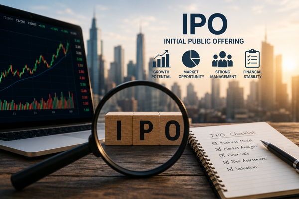 Upcoming tech IPOs concept image with IPO blocks, market charts, and investment analysis tools