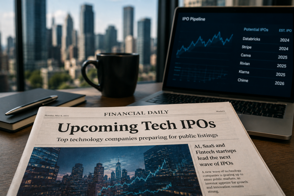 Upcoming tech IPOs featured image showing IPO market news, stock charts, and financial analysis in a modern office workspace