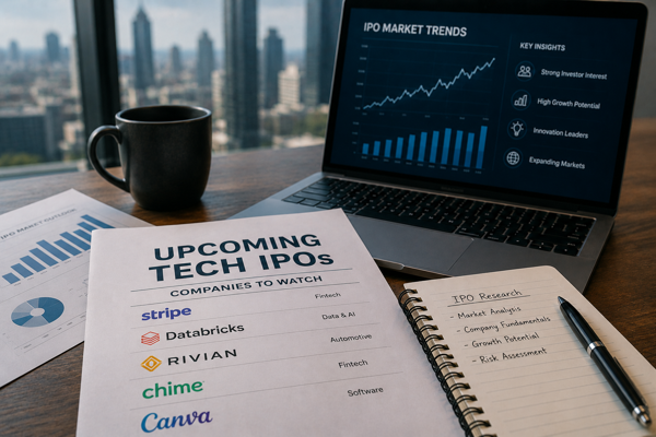 Upcoming tech IPOs research image showing IPO candidate analysis, market charts, and financial planning on an office desk
