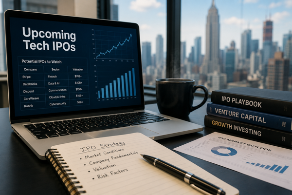 Upcoming tech IPOs dashboard showing stock market charts, IPO candidates, and financial analysis on a laptop desk setup