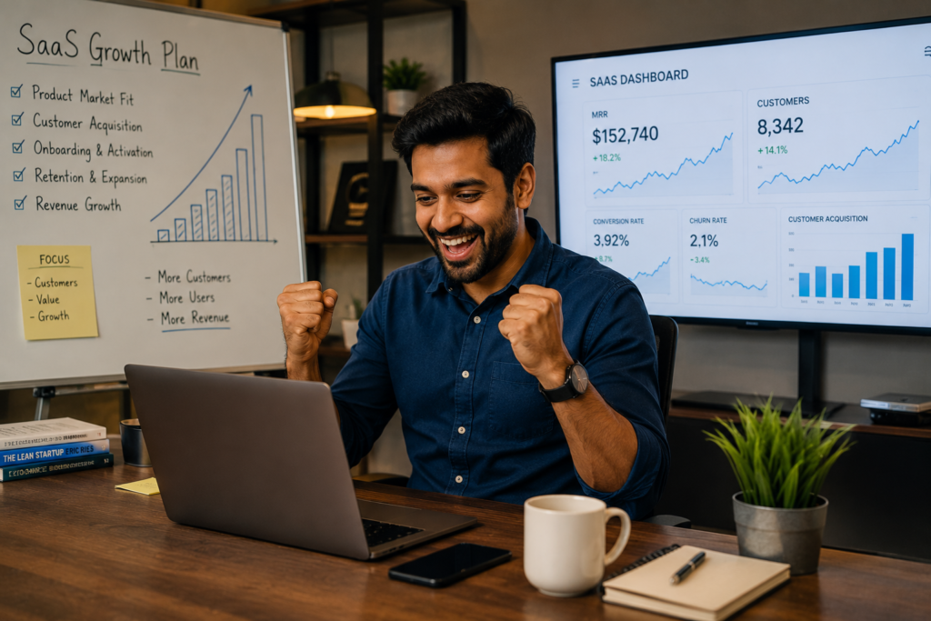 Successful startup marketing strategy driving customer growth, conversions, and SaaS business expansion.