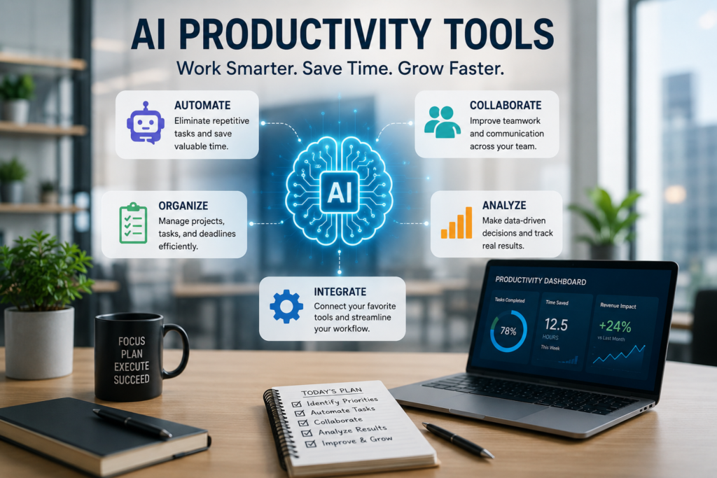 Infographic of AI productivity tools for businesses featuring automation, analytics, and workflow optimization