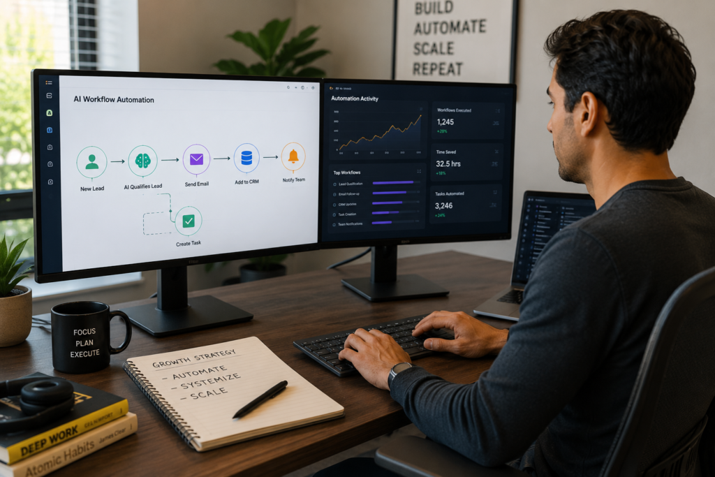 Entrepreneur using AI automation to scale a startup without burning cash.