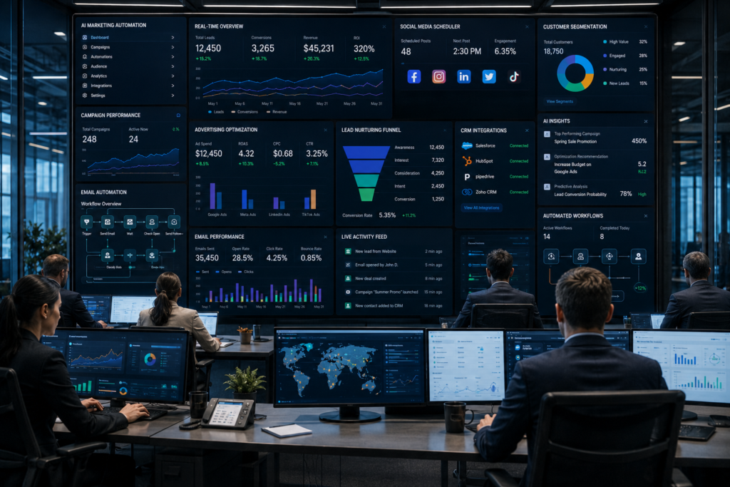 AI marketing automation dashboard monitoring campaigns, lead nurturing, and customer engagement.