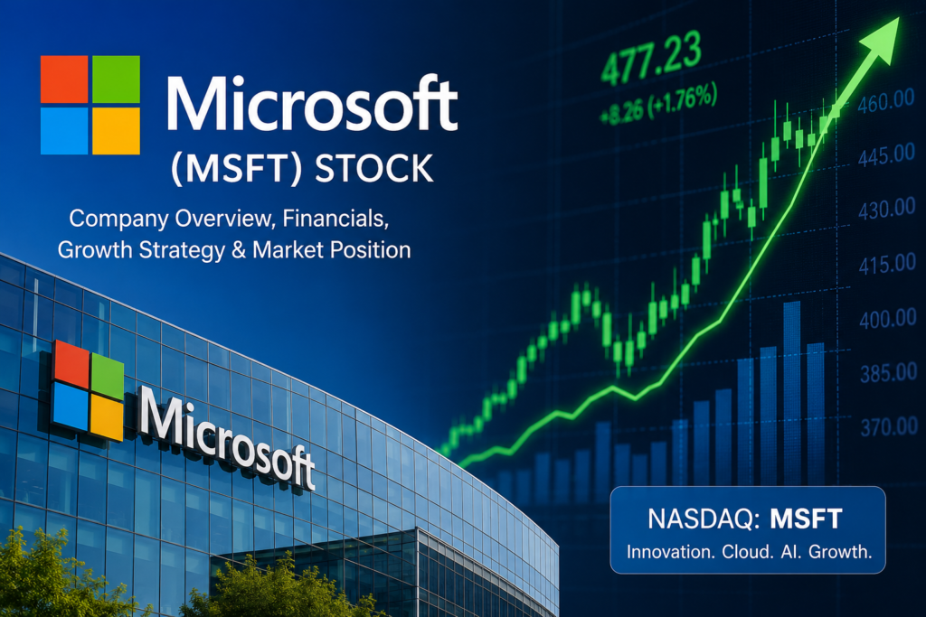 Microsoft (MSFT) Stock – Company Overview, Financials, Growth Strategy & Market Position featured image showing Microsoft branding with stock market growth chart