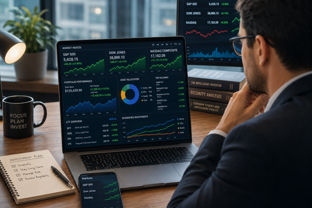 Investor using stock market indices explained to compare portfolio performance against the S&P 500, Dow Jones, and Nasdaq Composite.