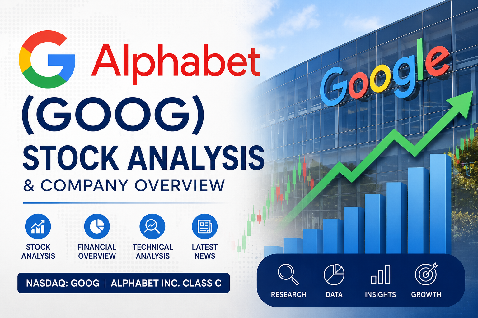 Alphabet Inc. (GOOG) stock analysis illustration showing market charts, financial performance and company overview
