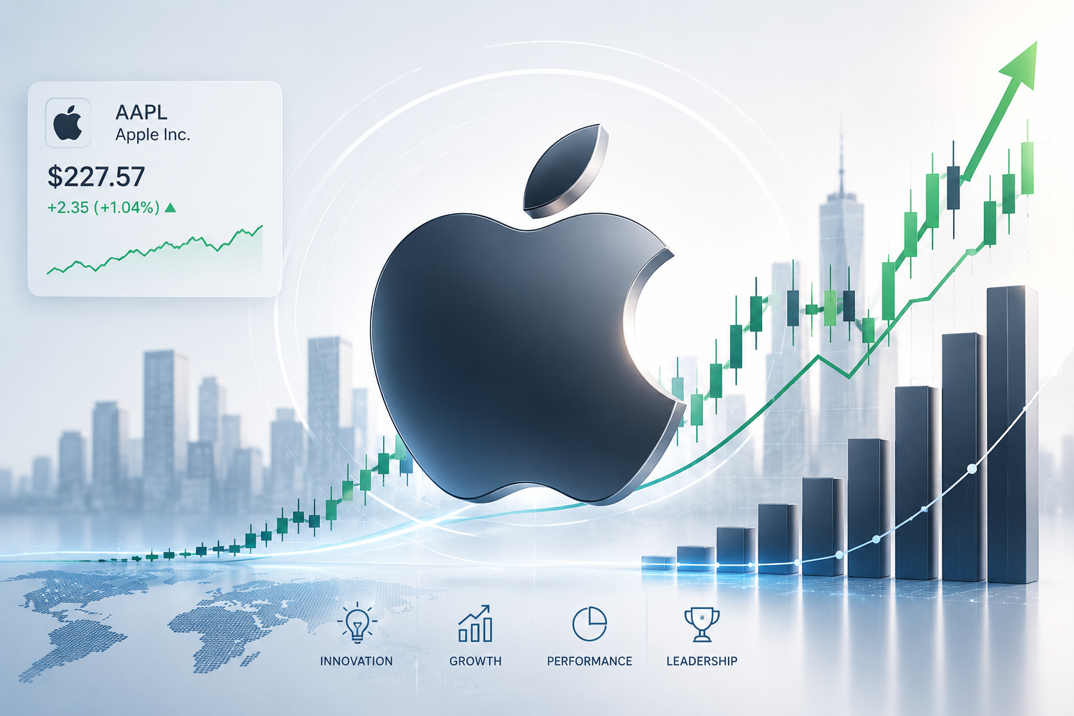 Apple Inc. (AAPL) stock analysis illustration showing market charts, financial performance and company overview