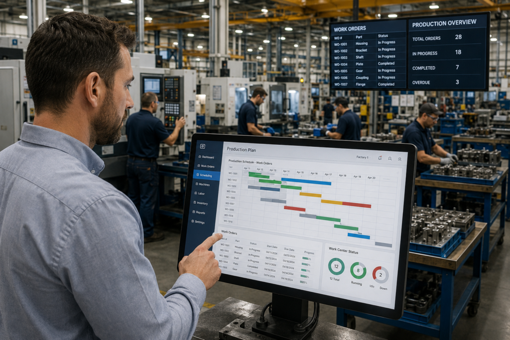 Production scheduling using manufacturing software for small business in a modern manufacturing facility.