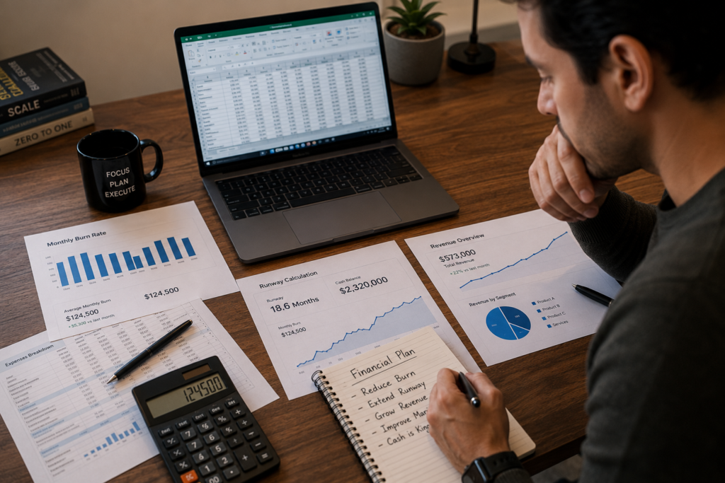 Founder reviewing burn rate to scale a startup without burning cash.