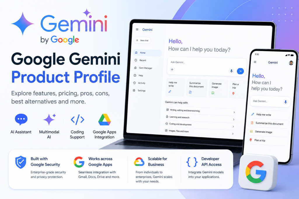 Google Gemini Product Profile by Google featuring AI assistant capabilities, pricing, supported platforms, API access, key features and alternatives
