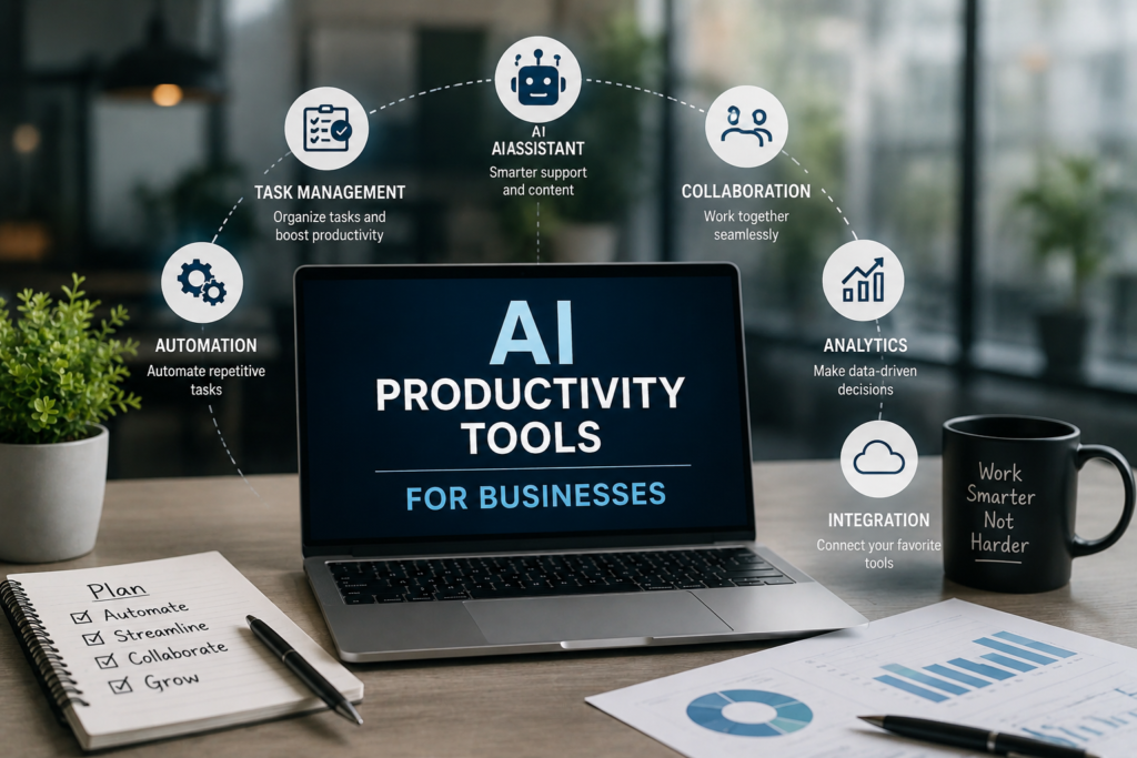 Modern workspace illustrating AI productivity tools for businesses with smart automation and performance tracking