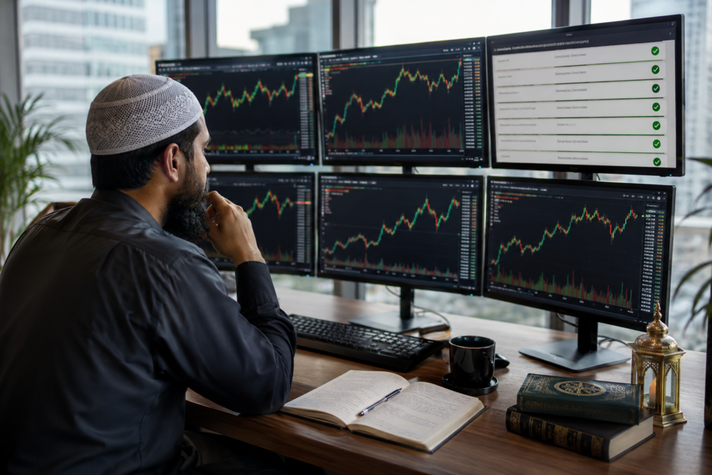 Best Halal Stocks 2026 showing a Muslim investor researching Shariah-compliant U.S. stocks.