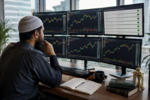 Best Halal Stocks 2026 showing a Muslim investor researching Shariah-compliant U.S. stocks.