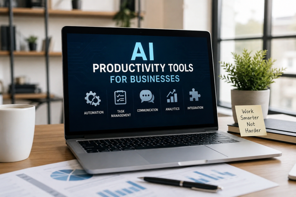 Visual representation of AI productivity tools for businesses improving workflow efficiency and team productivity